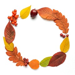 Circular autumnal frame with leaves of various colors, berries, and a small fruit, over a white background, ideal for text or design.
