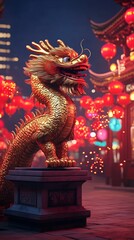 Fototapeta premium Vibrant Chinese New Year with Majestic Dragon Statue and Glowing Lanterns