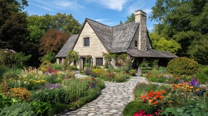 Fototapeta premium Charming Stone Cottage Nestled in a Vibrant Summer Garden Landscape