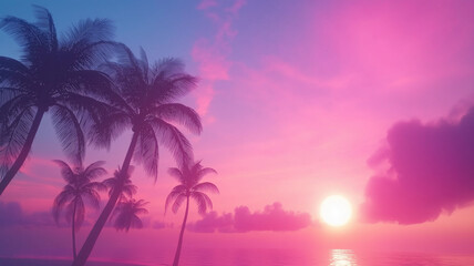 Outrun Synthwave style - 1990s retro aesthetic with palm trees and tropical sunset in pink and blue
