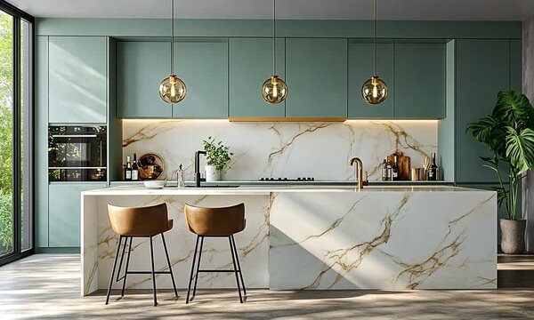 Modern kitchen with marble island, stylish lighting, and minimalistic decor.
