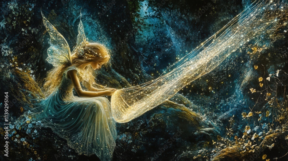 Canvas Prints A Golden Fairy Weaving Starlight In A Dark Forest