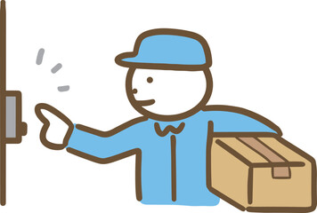 チャイムを鳴らす荷物を持った笑顔の男性配達員(上半身)