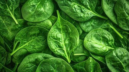 Fototapeta premium Fresh spinach leaves close-up healthy food top view dark green