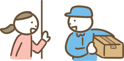 対面で受け取りしている女性のお客様と男性配達員(上半身)