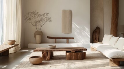 A peaceful Wabi-Sabi bedroom with muted colors, a simple bed frame, and a single piece of art on the wall