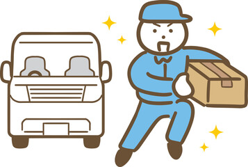 荷物を持って爽やかに働く男性配達員と白い車のイラスト(全身)	