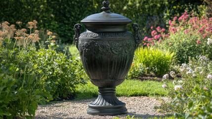 Ornate Black Garden Urn in a Lush Green Garden