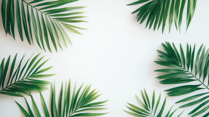 Palm tree leaf isolated on white or transparent background, palm leaves frame with space for text, tropical beach overlay mockup concept