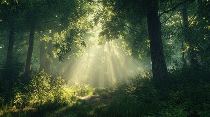 Obraz premium Sunbeams Filtering Through Enchanting Forest