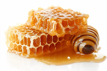honeycombs and honey spilled around, isolated on a white background