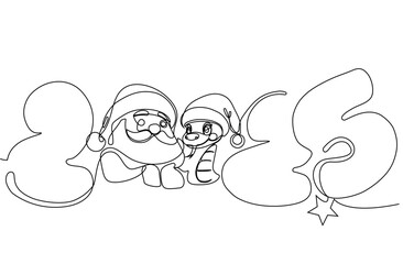 Cute cartoon Santa Claus and green snake stand next to the winter trees with Christmas gifts.. Cartoon Santa Claus with snake on blue background. Vector illustration