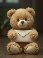 Obraz premium A fluffy brown teddy bear gently clutches a sealed envelope, photography,cute