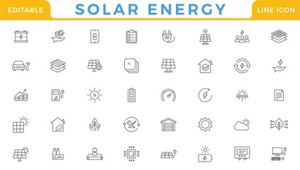 Solar energy, solar battery. Set of line icons in linear style. Renewable energy line icon set.