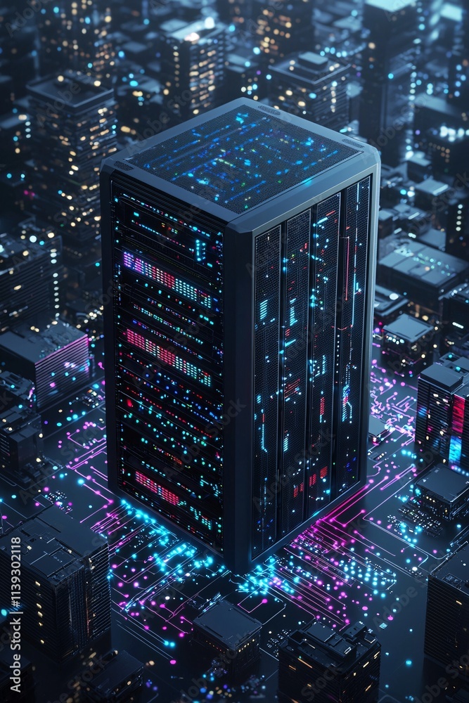 Poster a dynamic data center floating in the sky, vibrant streams of data connecting to various devices, et