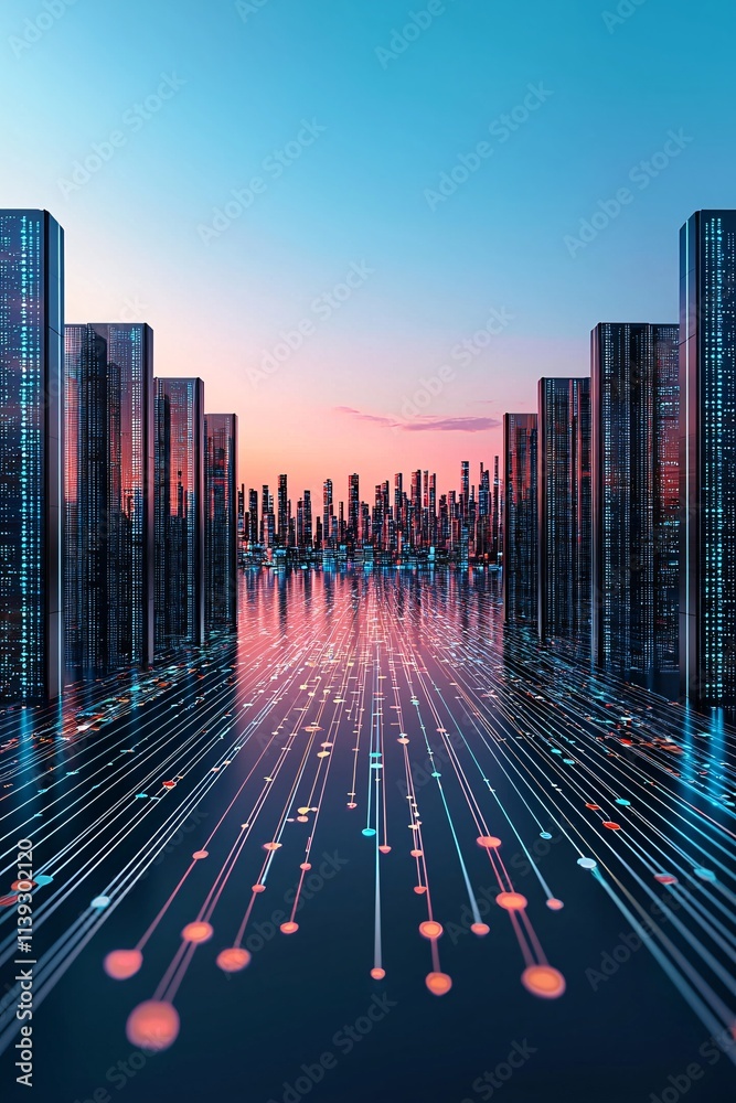 Poster a dynamic data center floating in the sky, vibrant streams of data connecting to various devices, et