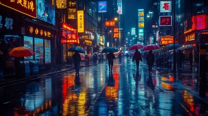 Rainy Neon City Street with Umbrellas and Reflections - Made with Generative AI