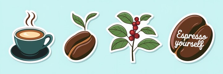 Obraz premium Sticker Pack of 4 Coffee Illustrations: Steaming Cup, Coffee Bean with Sprout, Coffee Plant, and 'Espresso Yourself' Design