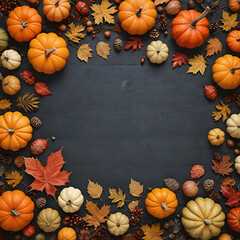 Thanksgiving Wallpaper with Fall leaves, Gourds and Acorns on a Dark wood Tabletop.