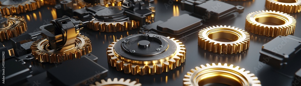 Poster automated systems optimizing industrial processes, glowing gears and machines in sync, dynamic light