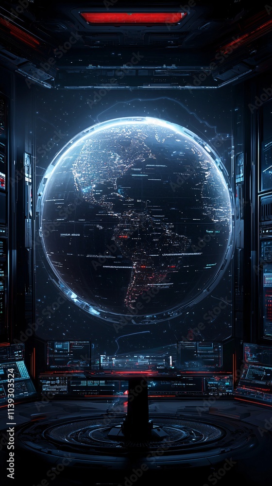 Wall mural a giant digital globe surrounded by automated devices exchanging real-time data, sleek futuristic vi