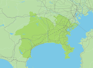 日本の神奈川県と隣接する都道府県を含む、緑色のロードマップ