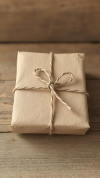 Rustic brown paper parcel securely tied with twine, simple knot, post,string,parcel