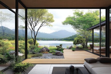 Serene Lakeside Villa with Breathtaking Mountain Views and Zen Garden