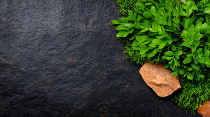 Naklejka premium Lush green foliage contrasts beautifully against dark stone background, creating serene and natural atmosphere. arrangement includes moss and textured rock, enhancing organic feel