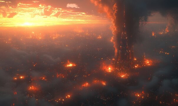 Intimidating High Contrast Sunset Over Burning Cityscape