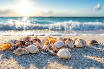 Obraz premium Gently lapping ocean waves sandy beach closeup photography dreamy environment soft focus concept