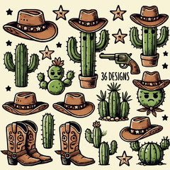 Cowboy Cactus SVG Bundle - 36 Designs - Western Clipart - Funny Art - Cactus SVG for Cricut - Cowboy Hat and Boots Decor - Laser files.