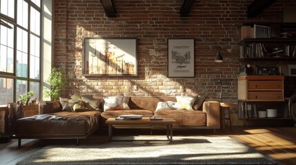 Sunlit Industrial Loft Apartment Living Room Interior Design
