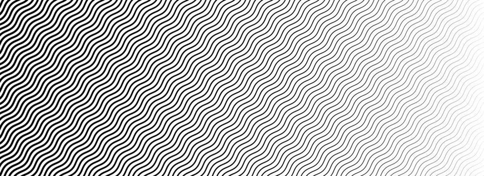 Wavy line gradient pattern. Black and white fading wave halftone gradation. Curved stripe texture wallpaper. Thin to thick zig zag strike background for overlay, print, cover, graphic design. Vector