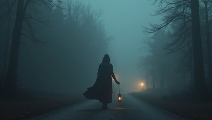 painting of a mysterious traveler standing alone on a deserted village foggy road holds a warm, golden lantern ghostly dark and eerie 