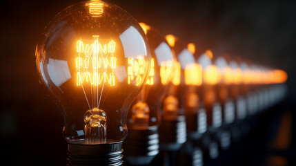 Light bulb idea concept with a row of bulbs, one glowing