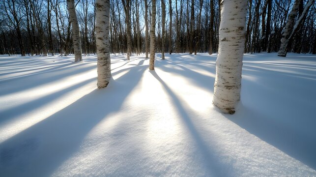 Serene Winter Landscape with Birch Trees and Shadows