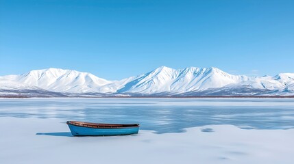 Serene Winter Landscape with Boat and Snowy Mountains