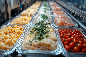 Frozen food being made in a high-tech facility, with food products being packed in frozen trays and ready for delivery. Perfect for food, convenience, and industry-related projects
