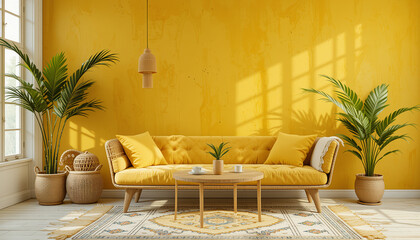 Fototapeta premium Photo of a minimalist lounge room wallpaper with a dominant orange color