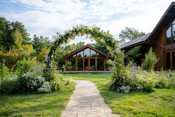 Obraz premium Captivating outdoor wedding entrance garden venue flower archway natural setting perspective view colorful bloom display