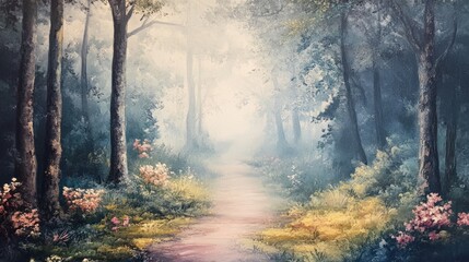 Obraz premium Misty Forest Path: A Serene Woodland Walk