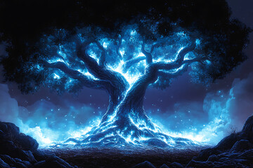 Magical tree with glowing, fiery branches illuminating the night sky, surrounded by dark clouds and glowing sparks, creating a surreal scene.  
