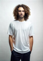 Obraz premium medium length curly hair beard male model blank white oversize t-shirt mock up white label clean background