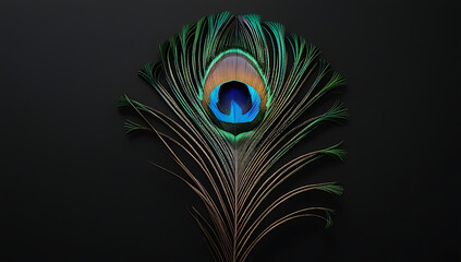 Obraz premium “Peacock Feather Close-Up on Solid Background” – A stunning macro view of a vibrant peacock feather with iridescent blues and greens, displayed against a solid black background, symbolizing Indian ele