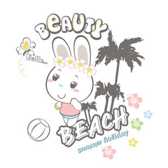 Adorable rabbit vector illustration playing joyfully on a sunny beach