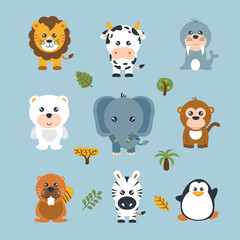 Vector collection of cute and adorable animals surrounded by tree and leaf decorations in a vibrant design
