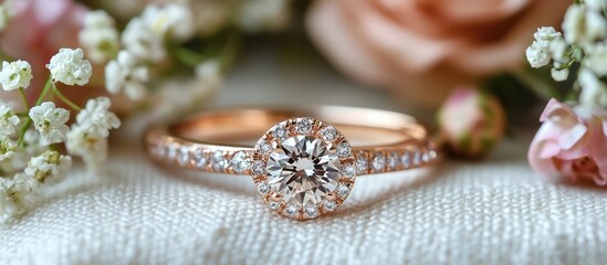 Fototapeta premium Rose gold diamond engagement ring on fabric with flowers.