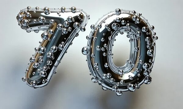 A shiny, silver balloon number "70" with bubbles, likely for a celebration or milestone.