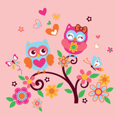 Obraz premium Adorable owl vector illustration with beautiful flower decoration